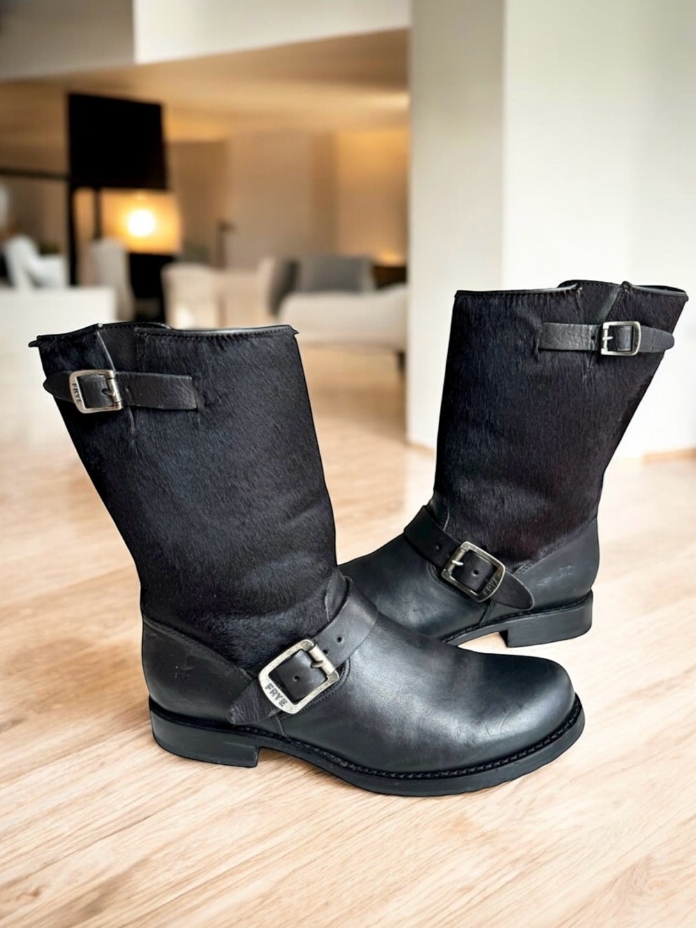 FRYE Veronica Engineer Boots Black Pony Hair